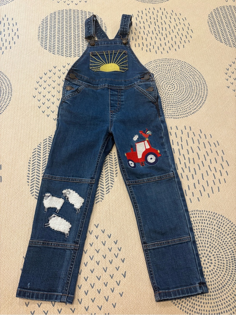 Mini Boden Dark Blue Denim Overalls with Sun, Red Tractor & White Sheep
